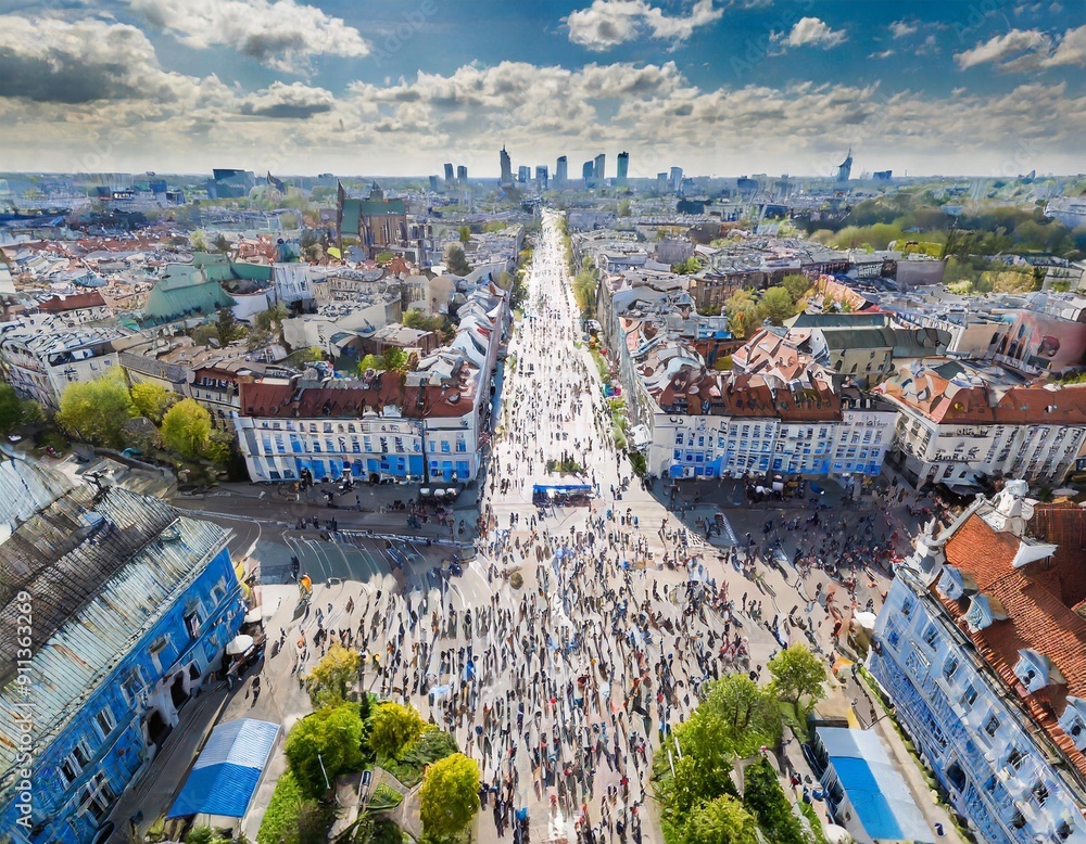 Obraz premium aerial view of Crowd of people walking street blue motion 