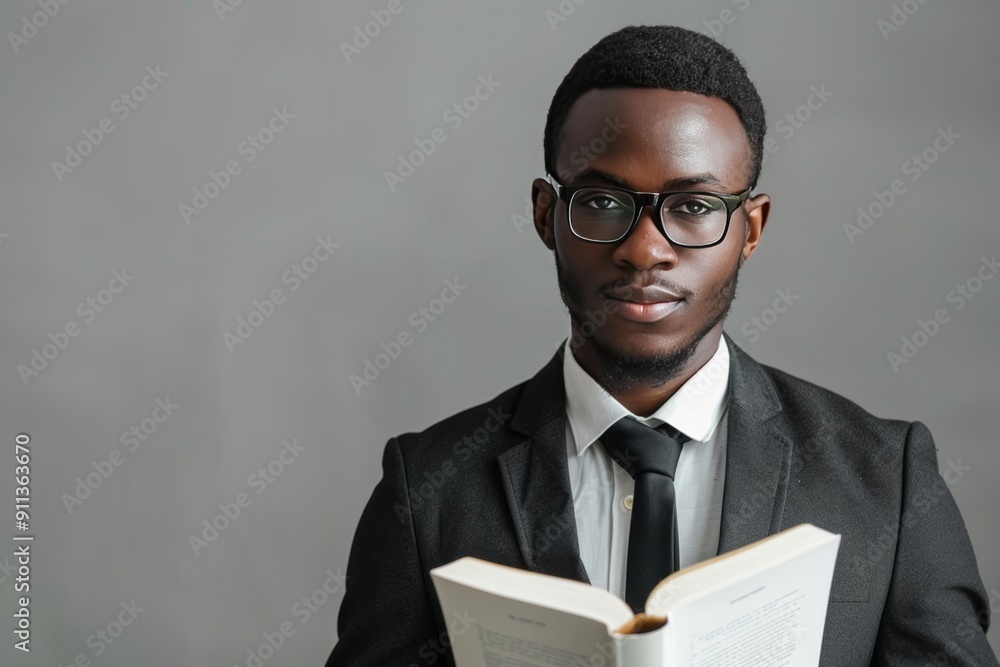 Professional Young Man in Suit and Glasses Reading a Book Professional Young Man in Suit and Glasses Reading a Book