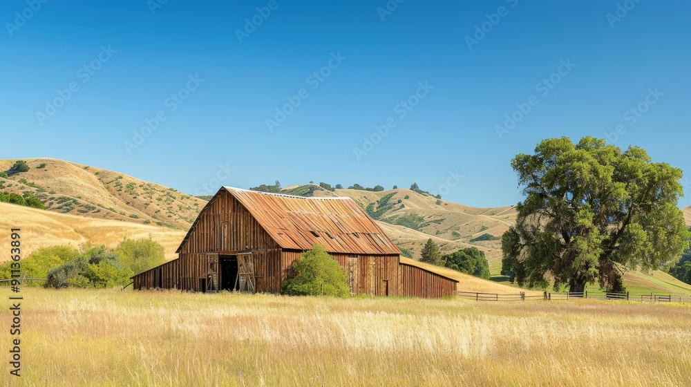 Rustic Barn in Picturesque Countryside Landscape with Rolling Golden Hills and Clear Blue Sky Rustic Barn in Picturesque Countryside Landscape with Rolling Golden Hills and Clear Blue Sky