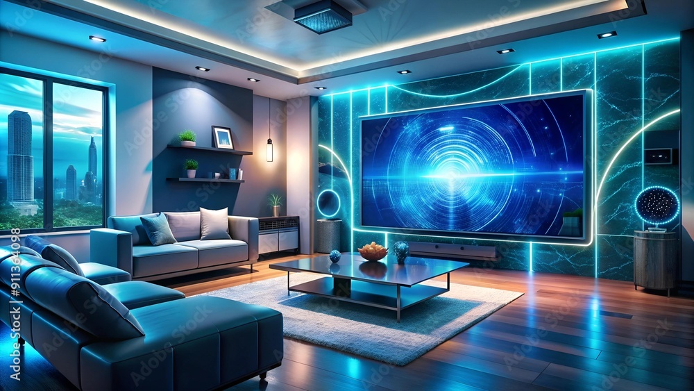A Symphony of Light and Sound: A Futuristic Living Room with Holographic Screens and AI-Powered Entertainment System Generative AI A Symphony of Light and Sound: A Futuristic Living Room with Holographic Screens and AI-Powered Entertainment System Generative AI