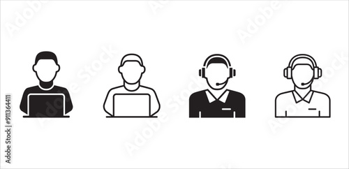 Customer service and support icon set. Help and support call icons. Entrepreneur symbol. Vector icon illustration. Contain symbol of Live chat, female or male receptionist and operator.