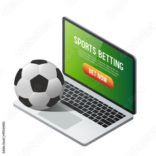 Sports betting 3D illustration. Laptop and soccer ball. Vector clipart isolated on white background.