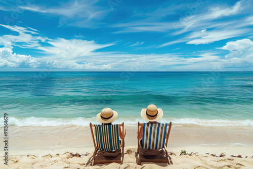 Relax chill traveling advertisement, retirement, life after work, vacation time concept. Adult couple wearing hats sit in beach chairs on the beach sand looking at the azure sea ocean water