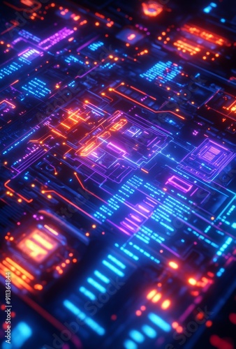 A high tech cyberpunk data dashboard with glowing blue and purple circuits, intricate data nodes, and pulsating abstract data streams