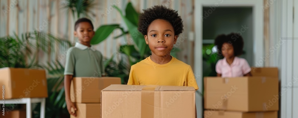 Family packing boxes in a living room, preparing to move Family packing boxes in a living room, preparing to move