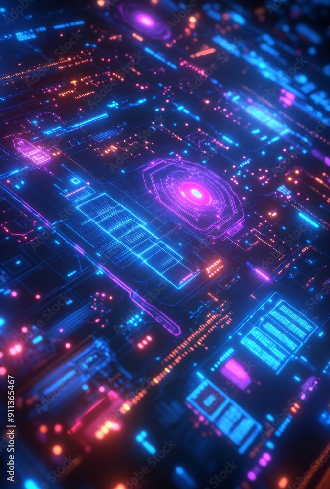 A high tech cyberpunk data dashboard with glowing blue and purple circuits, intricate data nodes, and pulsating abstract data streams A high tech cyberpunk data dashboard with glowing blue and purple circuits, intricate data nodes, and pulsating abstract data streams