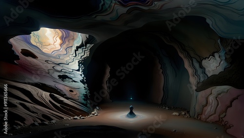 A solitary figure sits in a dark cave, cloaked and glowing amidst an otherworldly landscape. photo