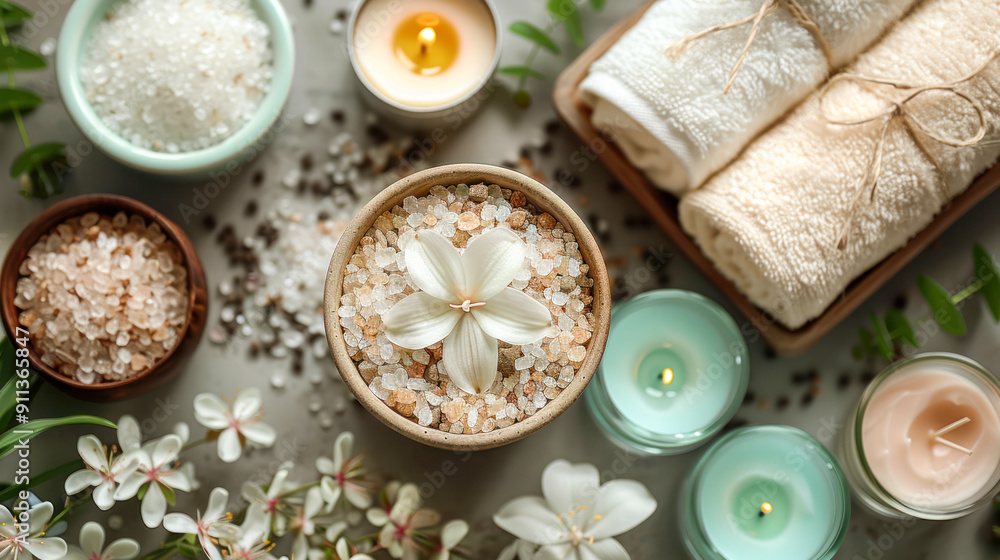 Essential oil, towel, sea salt, flowers and burning candles. Concept of spa treatment in salon. Atmosphere of relax and pleasure. Top view. Beauty spa treatment products. zen therapy. wellness spa Essential oil, towel, sea salt, flowers and burning candles. Concept of spa treatment in salon. Atmosphere of relax and pleasure. Top view. Beauty spa treatment products. zen therapy. wellness spa