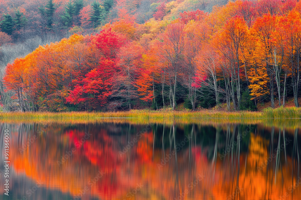 Obraz premium Reflective autumn landscape by a tranquil lake.
