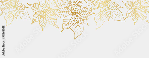 Golden Poinsettia flowers line art isolated on white background. Luxury floral design elements for invitation, wedding, wallpaper, print template, vector illustration