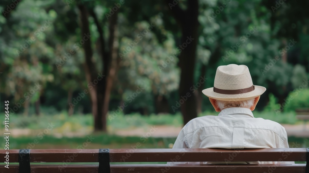 Elderly man on a park bench, reminiscing about past Elderly man on a park bench, reminiscing about past