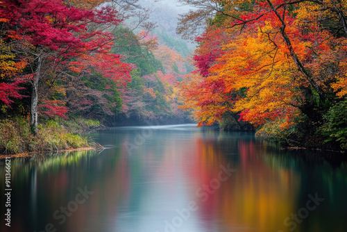 A serene river flowing through autumnal trees.