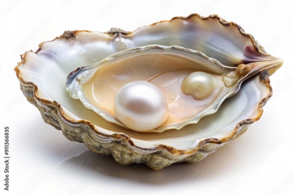Naklejka premium Freshly harvested oyster shell with pearly interior and vibrant grey flesh, delicately placed on a clean white background, showcasing its natural beauty and purity.