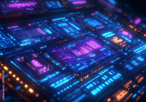 A high tech cyberpunk data dashboard with glowing blue and purple circuits, intricate data nodes, and pulsating abstract data streams