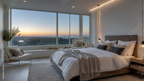 A minimalist bedroom with a monochromatic theme, with a comfortable bed decorated with clean white linens.