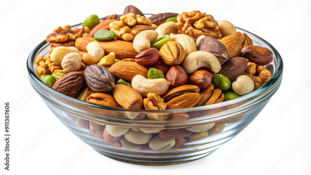 Assorted nuts in a bowl, including almonds, cashews, and pistachios, isolated on a transparent background, showcasing a delicious and healthy snack option. Assorted nuts in a bowl, including almonds, cashews, and pistachios, isolated on a transparent background, showcasing a delicious and healthy snack option.