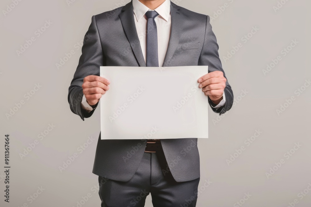 Businessman in a Suit Holding a Blank White Signboard Businessman in a Suit Holding a Blank White Signboard