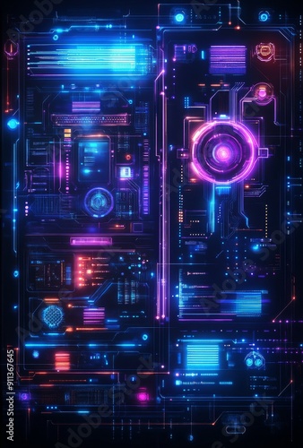 A visually striking cyberpunk interface showcasing data flow through glowing blue and purple circuits, with abstract patterns and high tech elements