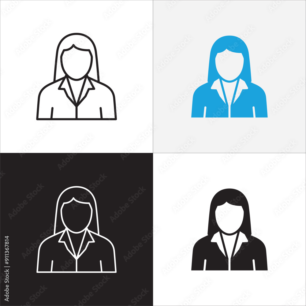 © great19 - Business woman icons. Professional company person or worker symbol. Businessman icon. Anonymous profile, people and user account symbol. Vector stock icons illustration.