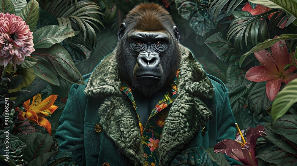 Obraz premium Gorilla Wearing Floral Blazer, Jungle Setting. Generative AI