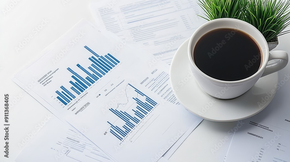 Morning light casts over a desk with a coffee cup alongside financial analysis reports displaying various bar graphs and charts Morning light casts over a desk with a coffee cup alongside financial analysis reports displaying various bar graphs and charts