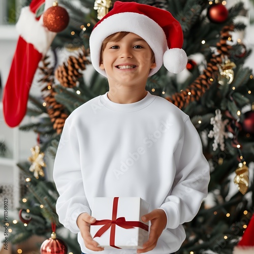 Christmas tshirt mockup. Boy in white sweatshirt mock up. Gildan 18500 Xmas t-shirt front view mockup, children's clothing, New Year Shirt Mocks. Pullower, kid's jumper, long sleeve design template photo