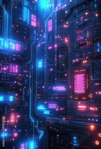 A visually striking cyberpunk interface showcasing data flow through glowing blue and purple circuits, with abstract patterns and high tech elements