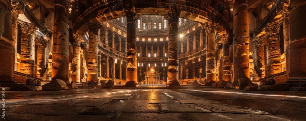 Majestic Interior of Ancient Temple with Grand Columns and Atmospheric Lighting Majestic Interior of Ancient Temple with Grand Columns and Atmospheric Lighting