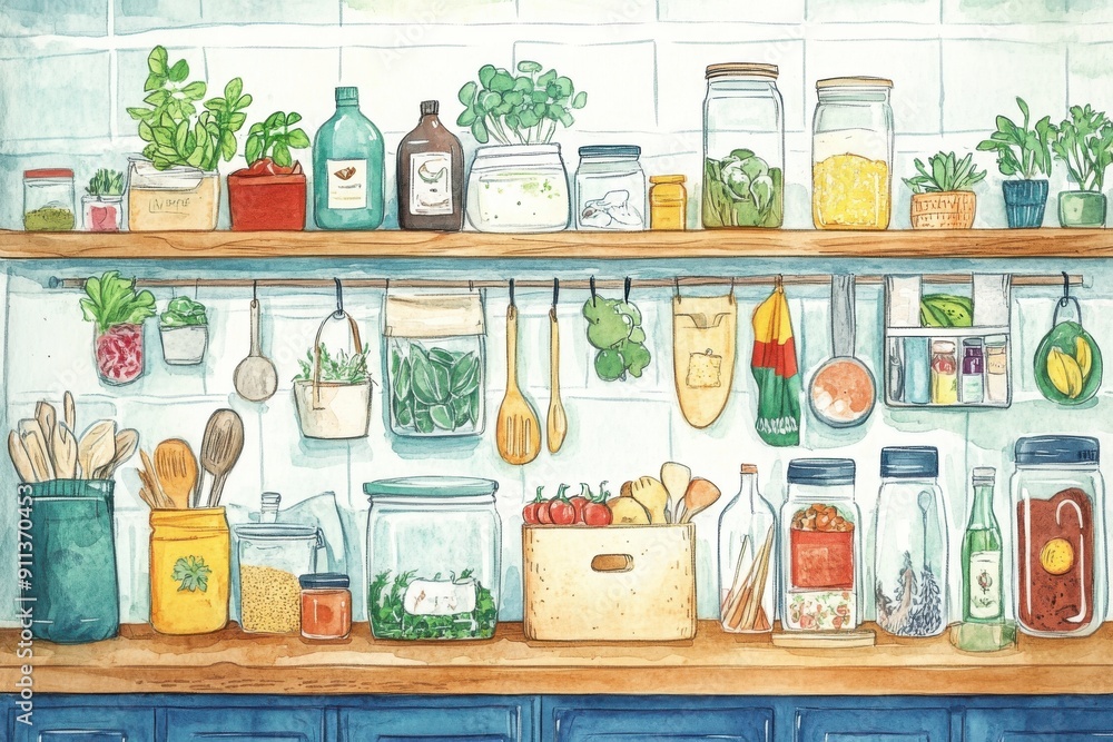 A cozy kitchen shelf filled with jars, herbs, and ingredients, perfect for culinary inspiration and home cooking. A cozy kitchen shelf filled with jars, herbs, and ingredients, perfect for culinary inspiration and home cooking.