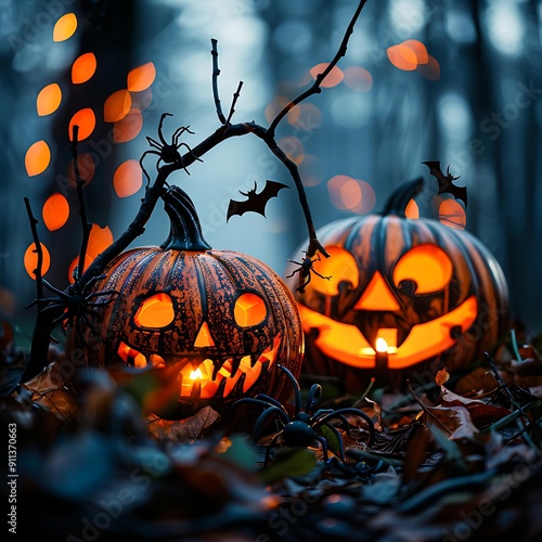 Two carved pumpkins glow with eerie faces in a dark, forested setting, surrounded by scattered leaves and hanging bats, ideal for Halloween-themed projects or spooky event promotions, photo