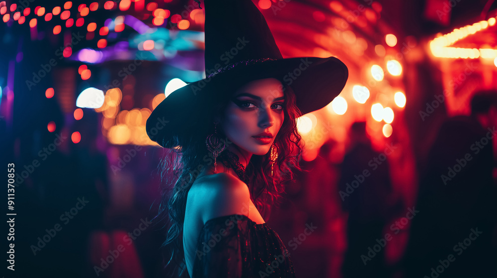 Glamorous halloween witch costume, girl in a party at night. Glamorous halloween witch costume, girl in a party at night.