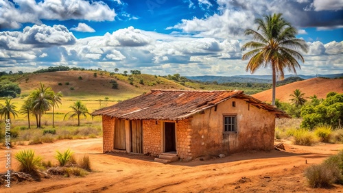 Rustic Brazilian northeast landscape featuring a small, humble abode amidst arid, barren terrain, exuding austere beauty and simplicity of rural life. photo