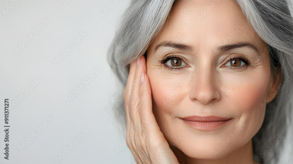Close-up shot of a woman with grey hair looking in the camera against light, plain background Close-up shot of a woman with grey hair looking in the camera against light, plain background
