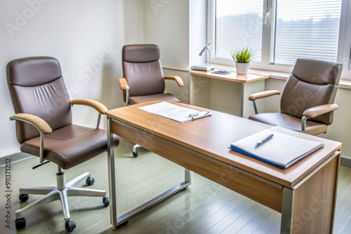 A deserted medical consultation room with a desk, chairs, and a partially filled-out form, emphasizing a patient-doctor interaction through scattered papers and pens.