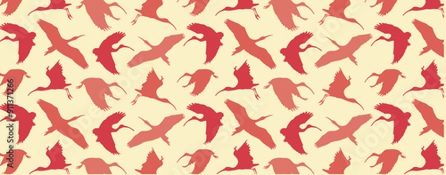 Birds silhouettes on light background. Flying scarlet ibis birds pattern. Vector seamless wallpaper with tropical birds of Trinidad Tobago island