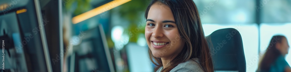 An employee is smiling and working on a computer, looking happy and attractive in an office setting. An employee is smiling and working on a computer, looking happy and attractive in an office setting.