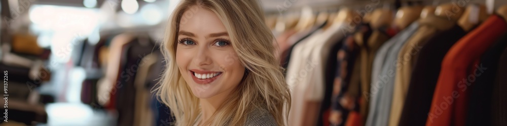 Elegance garment shopping, a smiling lady customer with glamour makeup in a fashionable boutique. Elegance garment shopping, a smiling lady customer with glamour makeup in a fashionable boutique.