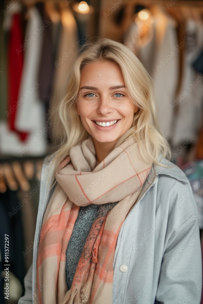Clothes fashion shopping, a smiling buyer browsing garments in the aisle, a stylish lady outdoors. Clothes fashion shopping, a smiling buyer browsing garments in the aisle, a stylish lady outdoors.