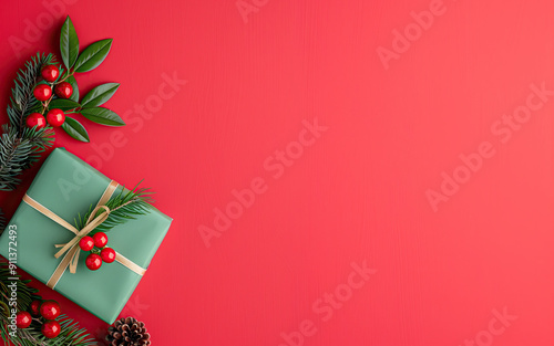Christmas gift box with festive decorations on red background. Present, pine branches, holly berries, and pinecone. Holiday composition with copy space. Seasonal greeting card, banner concept.