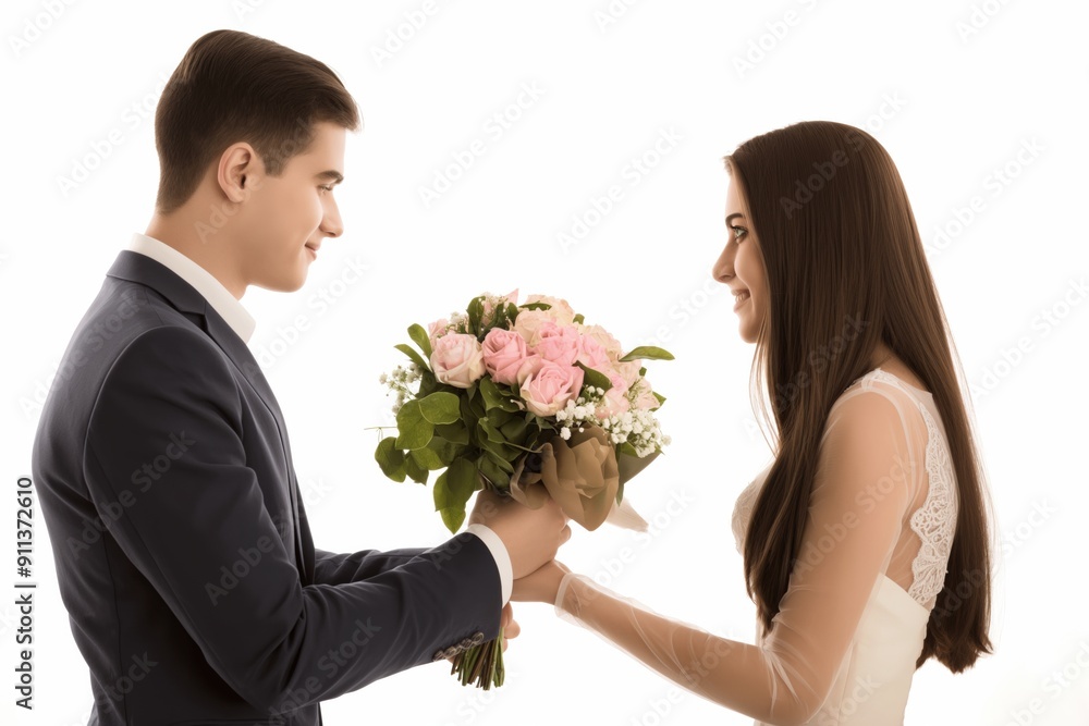 Bride and groom holding a bouquet, celebrating their elegant wedding ceremony with love and happiness. Bride and groom holding a bouquet, celebrating their elegant wedding ceremony with love and happiness.