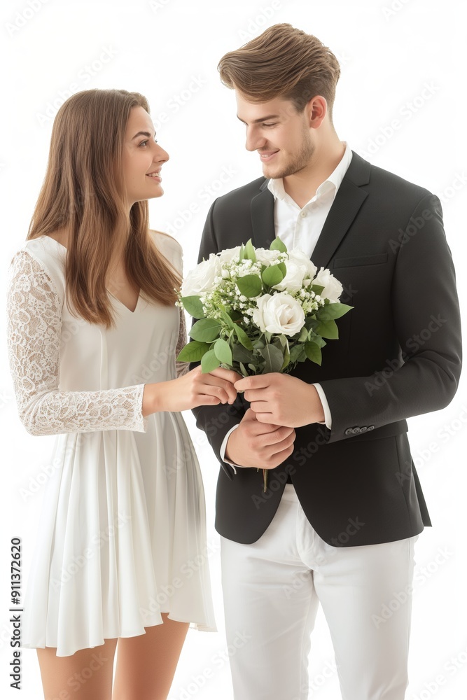 Loving couple standing together, holding a bouquet, celebrating their romance and relationship. Loving couple standing together, holding a bouquet, celebrating their romance and relationship.