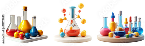 3D illustration of chemistry lab equipment set isolated on transparent background