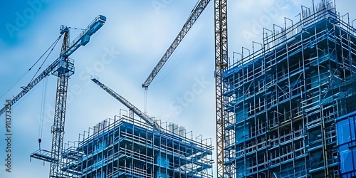 Two cranes constructing a building with scaffolding under a blue sky.