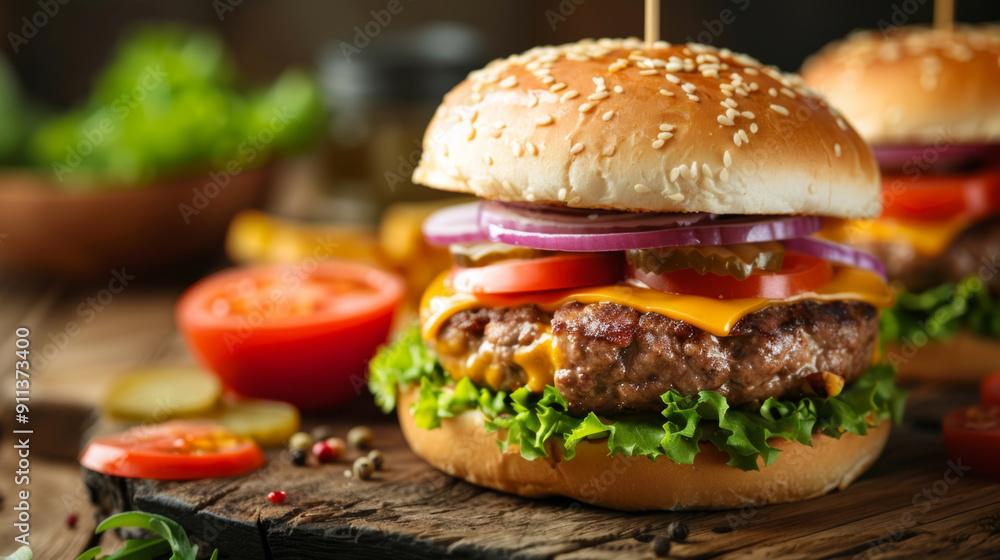 Juicy Beef Burger with Fresh Vegetables and Sesame Bun Juicy Beef Burger with Fresh Vegetables and Sesame Bun