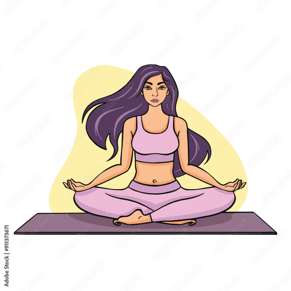Yoga with young girl, assana lotus pose, color illustration Yoga with young girl, assana lotus pose, color illustration