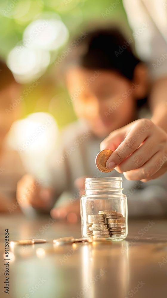 Family putting coins into a jar together, teamwork in saving Family putting coins into a jar together, teamwork in saving
