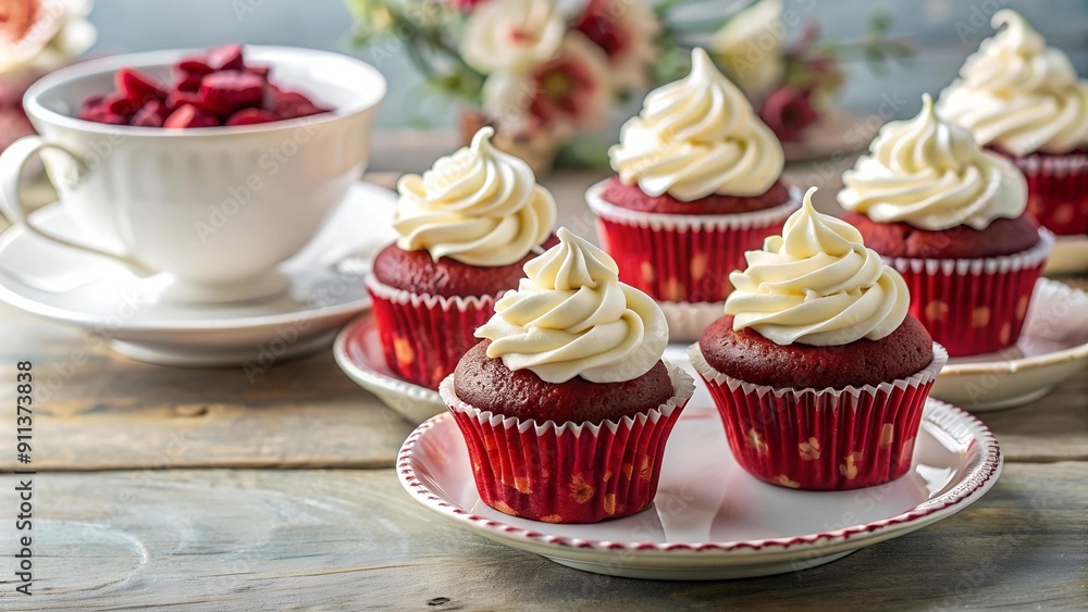 A Symphony of Red Velvet: Mini Cakes with Cream Cheese Frosting in a Vintage Teacup Setting AI Generated A Symphony of Red Velvet: Mini Cakes with Cream Cheese Frosting in a Vintage Teacup Setting AI Generated