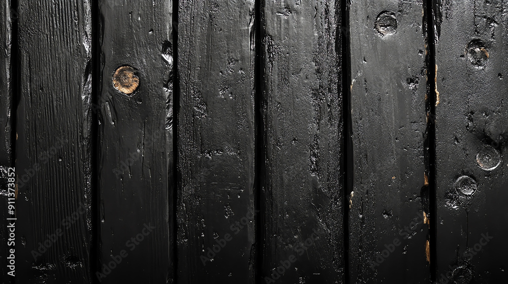 Fototapeta premium a close up of a dark wooden surface with vertical planks and some visible nails.