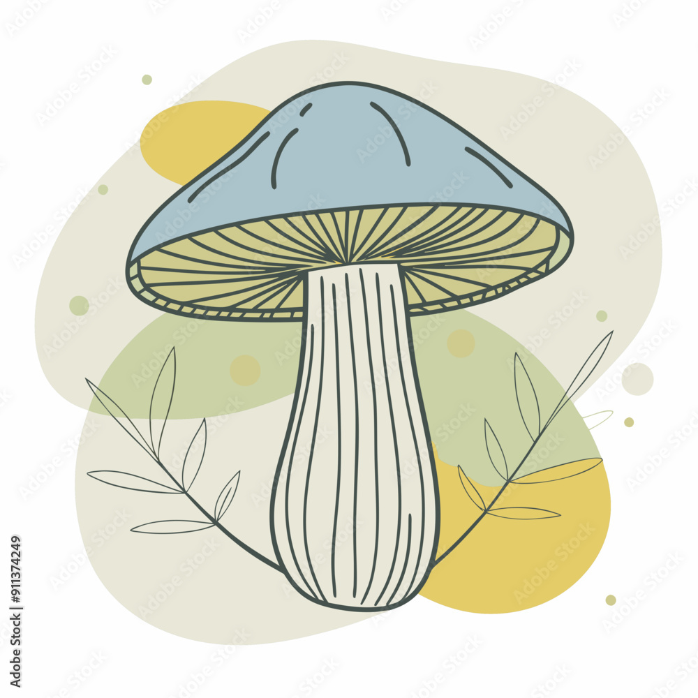 Vector Illustration of Autumn Mushroom Amid Blue, Olive, and Orange Spots Background. Creative Nature Design Featuring Colorful Fungi in Seasonal Setting with Fall Hues, Perfect for Seasonal Themes an Vector Illustration of Autumn Mushroom Amid Blue, Olive, and Orange Spots Background. Creative Nature Design Featuring Colorful Fungi in Seasonal Setting with Fall Hues, Perfect for Seasonal Themes an