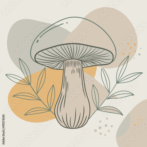Autumnal Cozy Retreat: Linear Drawing with Grey, Orange, and Beige Stains Featuring a Mushroom, Emanating Warmth and Comfort in Seasonal Illustration